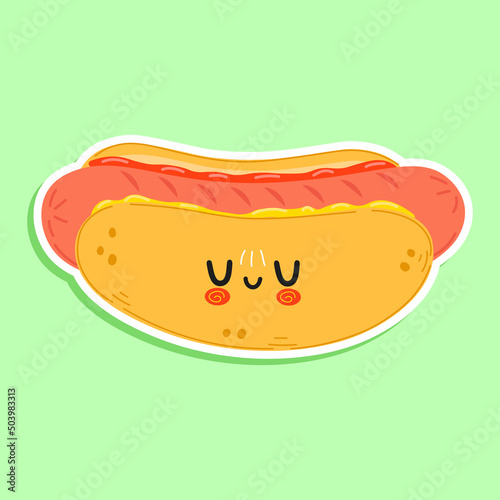 Cute funny hotdog sticker character. Vector hand drawn cartoon kawaii character illustration icon. Isolated on white background. Happy hot dog character concept