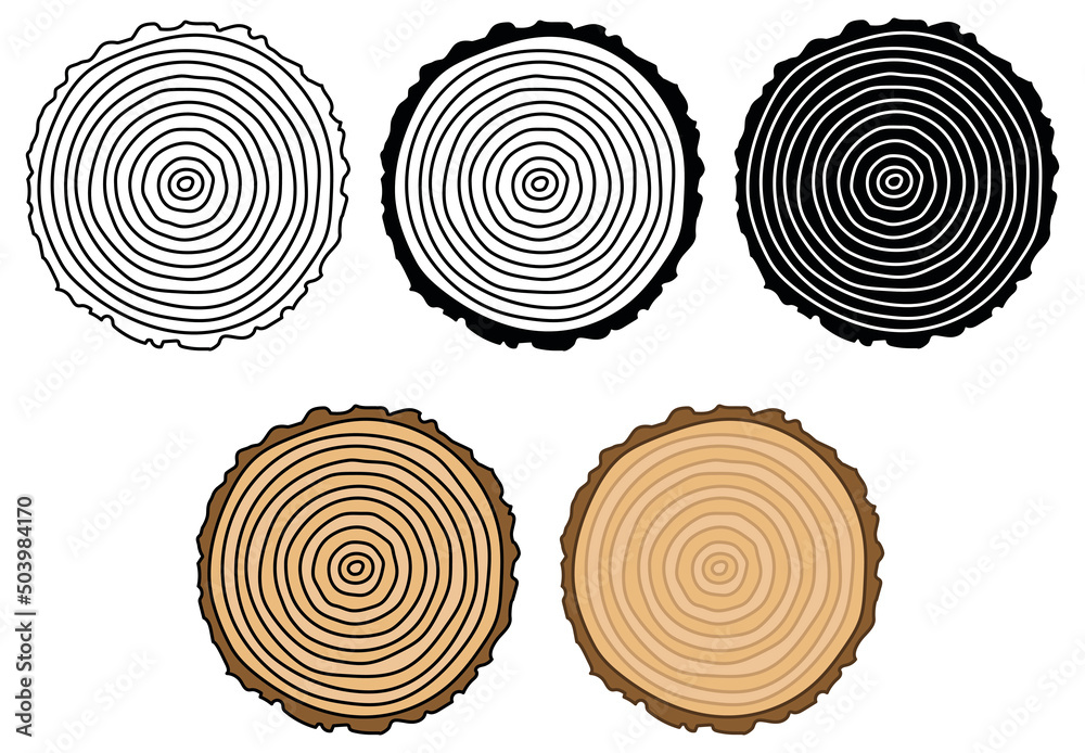 Tree Ring Cutting Clipart Set - Outline, Silhouette and Color Stock ...