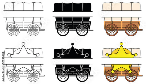 Covered Wagon Split Label with Sheriff Star Clipart Set - Outline, Silhouette and Color