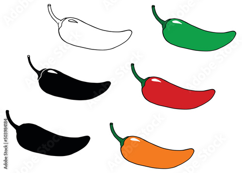 Jalapeno Pepper Clipart Set - Outline, Silhouette and color