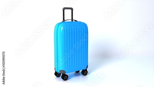 Stylish Blue Suitcase On Wheels isolated On White. Travel Concept, Suitcase 3D icon. 3D Rendering. 
