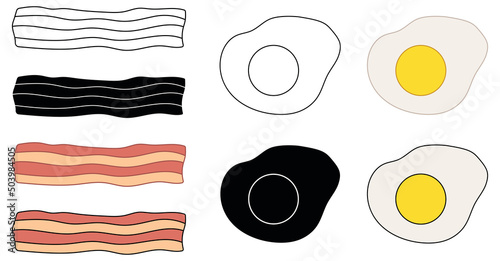 Bacon and Eggs Breakfast Clipart Set - Outline, Silhouette and Color