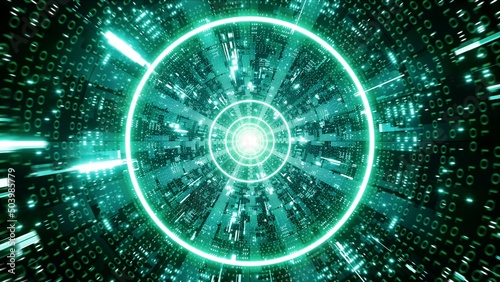 Glowing Green Binary Number Code Data in the Cyber Metal Tunnel, 3D Rendering