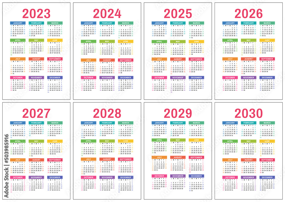 Calendar 2023, 2024 to 2030. Colorful vector pocket calender design