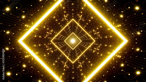 Glittering Yellow Royal Pattern Diamond Shaped Light Tunnel 3D Rendering