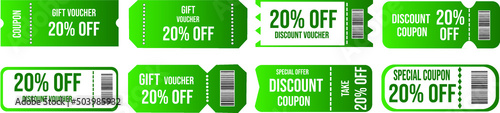 20% discount coupon, promotional voucher and coupon template. Premium special price offers sale coupon or best retail price promotional vouchers. isolated vector icons