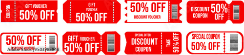50% discount coupon, promotional voucher and coupon template. Premium special price offers sale coupon or best retail price promotional vouchers. isolated vector icons