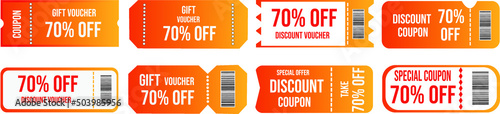 70% discount coupon, promotional voucher and coupon template. Premium special price offers sale coupon or best retail price promotional vouchers. isolated vector icons