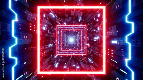 Glowing Red Square Frame in the Sci Fi Tunnel 3D Rendering