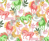 Abstract seamless pattern, fantastic unicorns, red and green. Fashion textiles, fabric, packaging