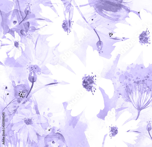 Watercolor bouquet of flowers, chamomile, inflorescence, dill, hogweed.  abstract splash of paint, fashion illustration. field or garden flowers. Suburban summer, autumn landscape.Watercolor card