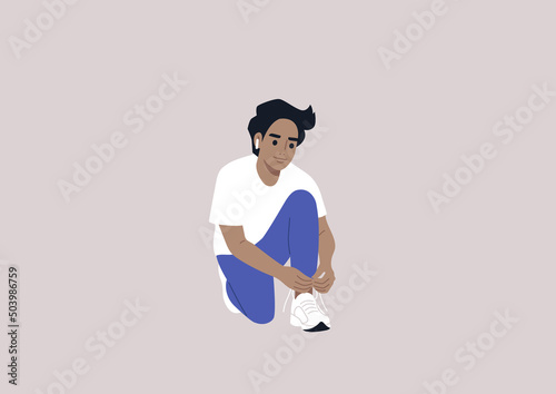 A young male Caucasian character tying their shoes, a daily routine ritual