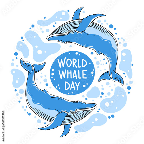 Whales are drawn in the style of linear art. Vector illustration with marine flora and fauna on a white background. Cetaceans with the inscription - World Whale Day