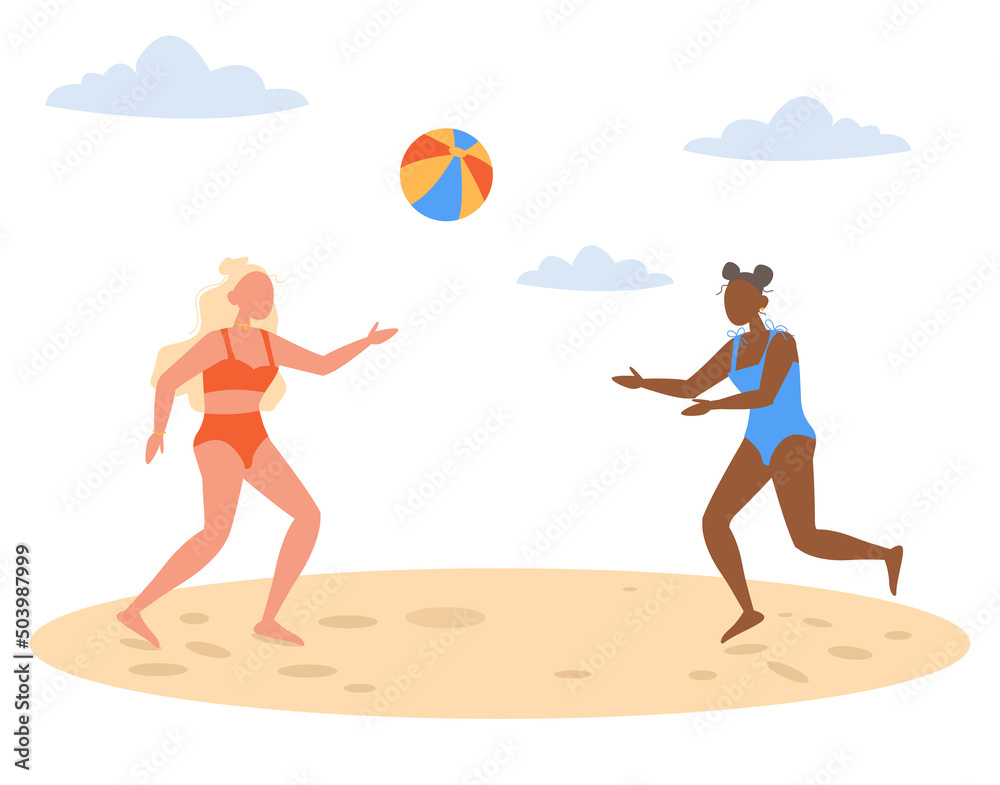 Two girls in swimsuits on the beach playing ball. Vector graphic.	