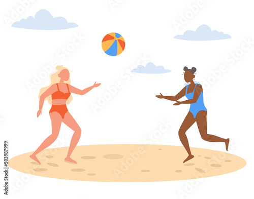 Two girls in swimsuits on the beach playing ball. Vector graphic. 