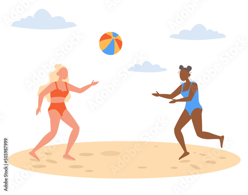 Two girls in swimsuits on the beach playing ball. Vector graphic.	