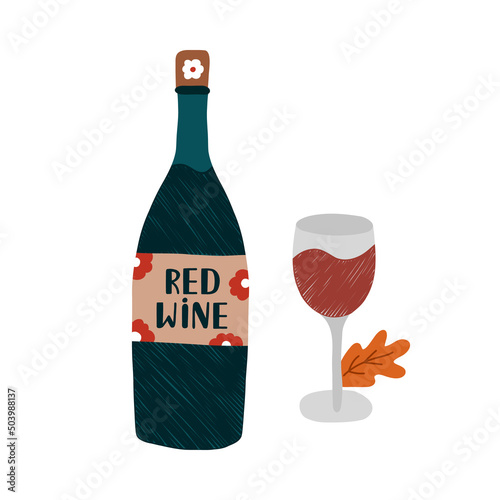 Cozy autumn clip art with seasonal drink. Bottle and glass of red wine with cute label and a leaf. Hygge hand drawn illustration isolated on background. Can be used for fabric, sticker, scrapbooking.
