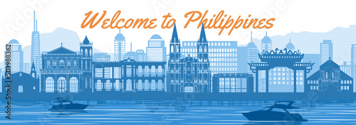 philippines famous landmark silhouette style behind river and boat and in front of towers,vector illustration