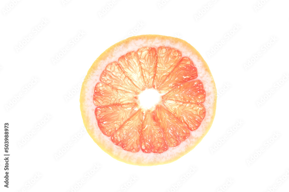 Summer coral grapefruit slice. Isolated white background. Citrus food diet. Fruit round juicy concept. Modert sweet cut photography. Bright color Summer coral grapefruit slice. Isolated white background. Citrus food diet. Fruit round juicy concept. Modert sweet cut photography. Bright color
