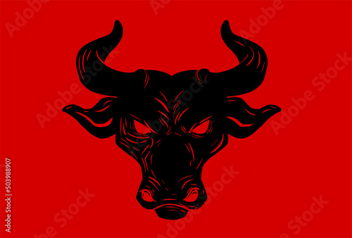 Vectorized black bull head. red background.