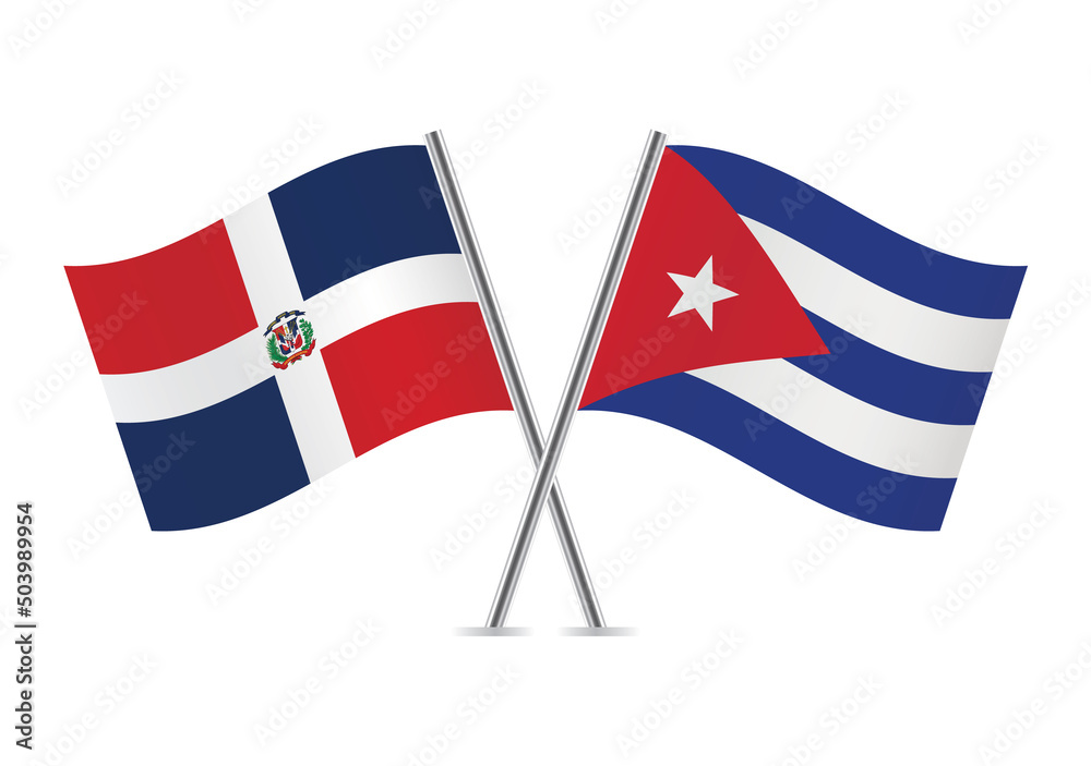 The Dominican Republic and Cuba crossed flags. Dominican and Cuban flags on white background. Vector icon set. Vector illustration.