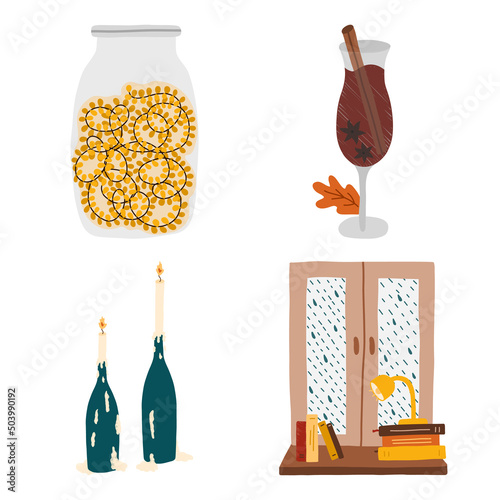 Set of cozy autumn symbols. Candles in a candlestick of a bottle, window with rain, books, lamp on windowsill, jar with a garland, mulled wine with cinnamon and cloves. Hygge hand drawn illustration.