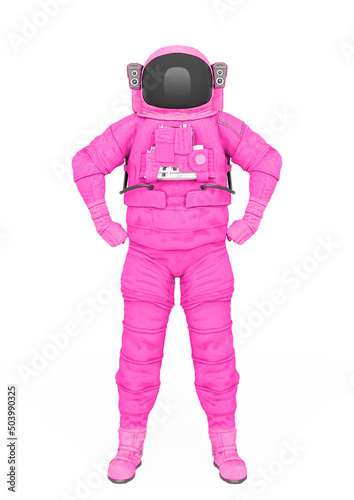 astronaut explorer is doing a super hero pose on white background front view