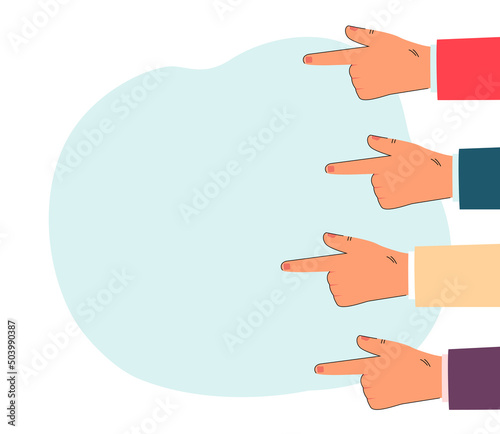 Hands of business people pointing at blank space. Copy space, fingers drawing attention to empty space flat vector illustration. Information, marketing concept for banner or landing web page
