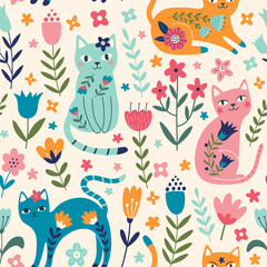 Wandcirkels Kinderkamer patronen Cartoon katten tussen botanische bloemen  © Irina Ostapenko