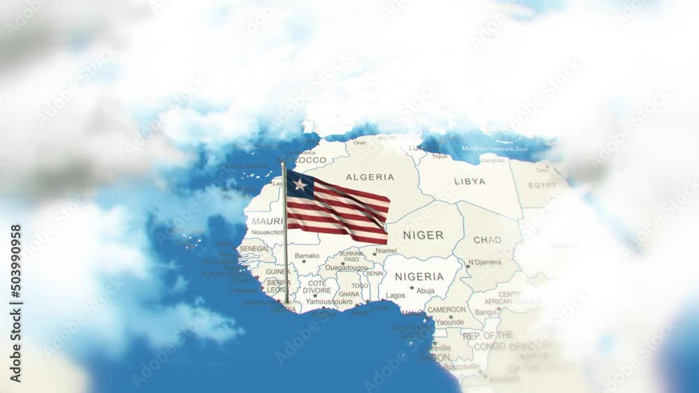 Liberia Map And Flag With Clouds