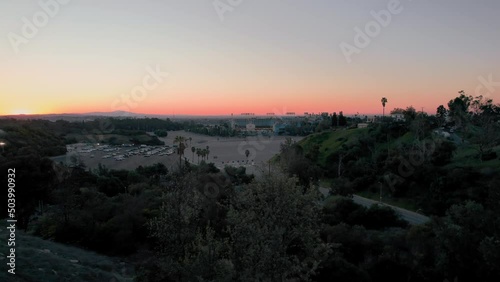 Aerial drone view of Dodger Stadium,Angels Point in Elysian Park at sunrise, Los Angeles, California, United States of America, North America photo