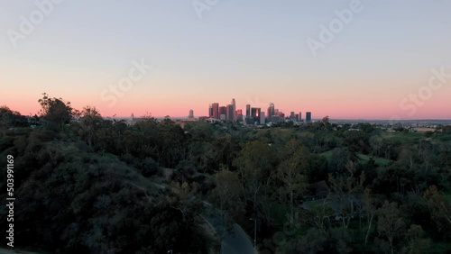 Aerial drone view of LA Downtown,Angels Point in Elysian Park at sunrise, Los Angeles, California, United States of America, North America photo