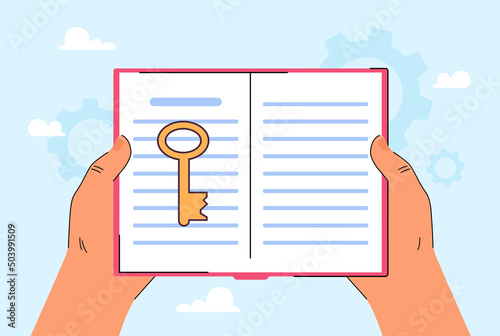 Hands holding open book, diary or notebook with key inside. Metaphor for privacy or reading as key to knowledge flat vector illustration. Education, security concept for banner or landing web page