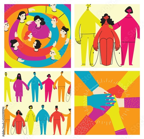 Flat illustration of a group containing inclusive and diversified people all together without any difference.