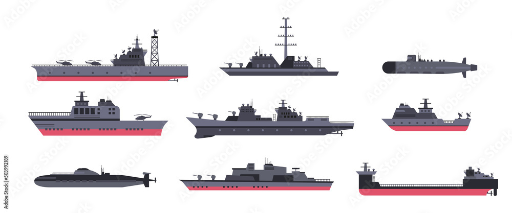 Military ships and submarines cartoon illustration set. Various warships, vessels and boats on white background. Navy, sea power, marine forces, war, battle concept