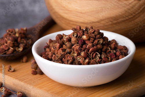 Chinese pepper, Sichuan pepper in bowl. Dry Sichuan Pepper Spice.