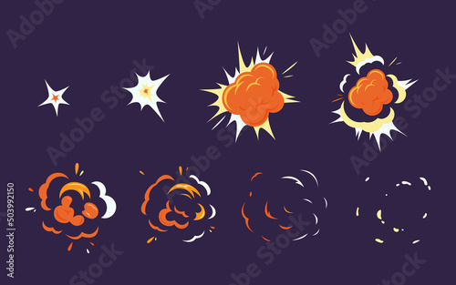 Explosive effect with smoke cartoon illustration set. Blast of bomb, dynamite, orange burst or flash from explosion isolated on dark background. Bang animation, fire, crash concept