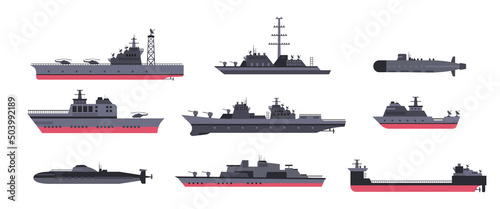 Military ships and submarines cartoon illustration set. Various warships, vessels and boats on white background. Navy, sea power, marine forces, war, battle concept