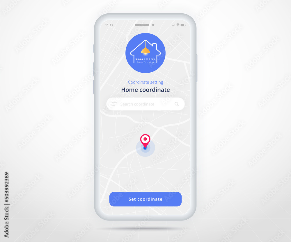 Smartphone smart home map gps search controlled app UX UI, IOT Internet of things technology, Home coordinate, Digital future home automation tech, smart devices application phone, vector illustration Smartphone smart home map gps search controlled app UX UI, IOT Internet of things technology, Home coordinate, Digital future home automation tech, smart devices application phone, vector illustration