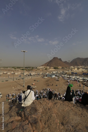 Muslims at Mount Arafat (or Jabal Rahmah) in Saudi Arabia. This is the place where Adam and Eve met after being overthrown from heaven. photo