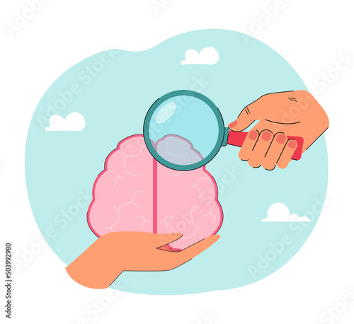 Hand examining human brain with magnifying glass. Person searching for ideas flat vector illustration. Anatomy, psychology, knowledge, education concept for banner, website design or landing web page