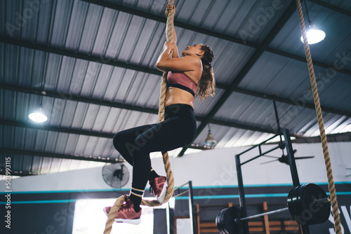 Caucasian female in active sportswear using rope for training muscles reaching healthy lifestyle, motivated woman climbing up during crossfit workout keeping figure and body shape in tonus