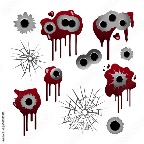 Bullet holes on white background cartoon illustration set. Glass cracks, broken glass, weapon holes with blood. Shot, crime, target, violence, damage, destruction concept