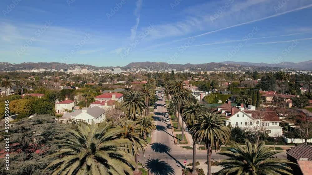 Aerial drone view of sunny Hollywood sign and palm trees, Los Angeles, California, United States of America, North America