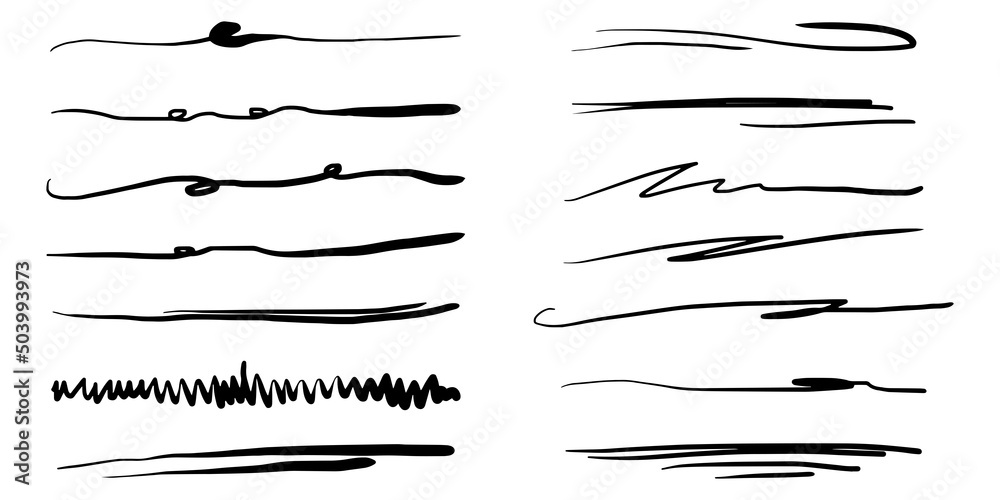 Hand drawn set of underline, curly swishes, swashes, swoops. swirl. Highlight text elements. vector illustration Hand drawn set of underline, curly swishes, swashes, swoops. swirl. Highlight text elements. vector illustration