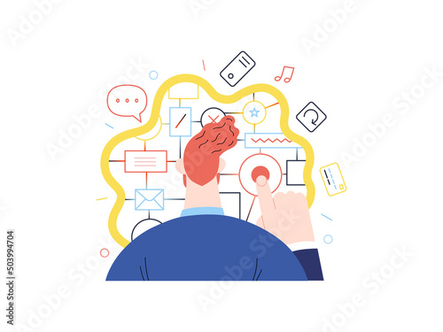 Technology Memphis -CX customer experience - modern flat vector concept digital illustration of user or customer experience, a user in front of interface. Creative landing web page illustration
