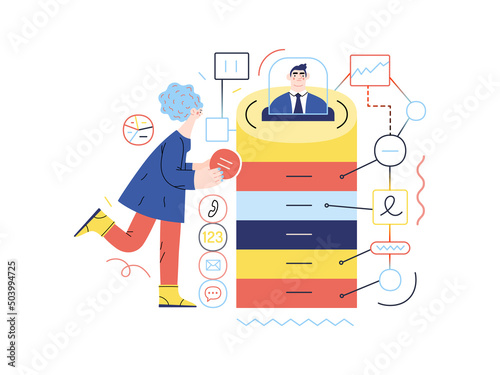 Technology Memphis -CRM Customer Relationship Management -modern flat vector concept digital illustration of data collecting from user and providing result data. Creative landing web page illustration