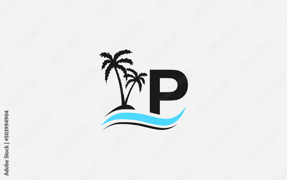 Nature water wave and beach tree vector logo design with the letter and ...