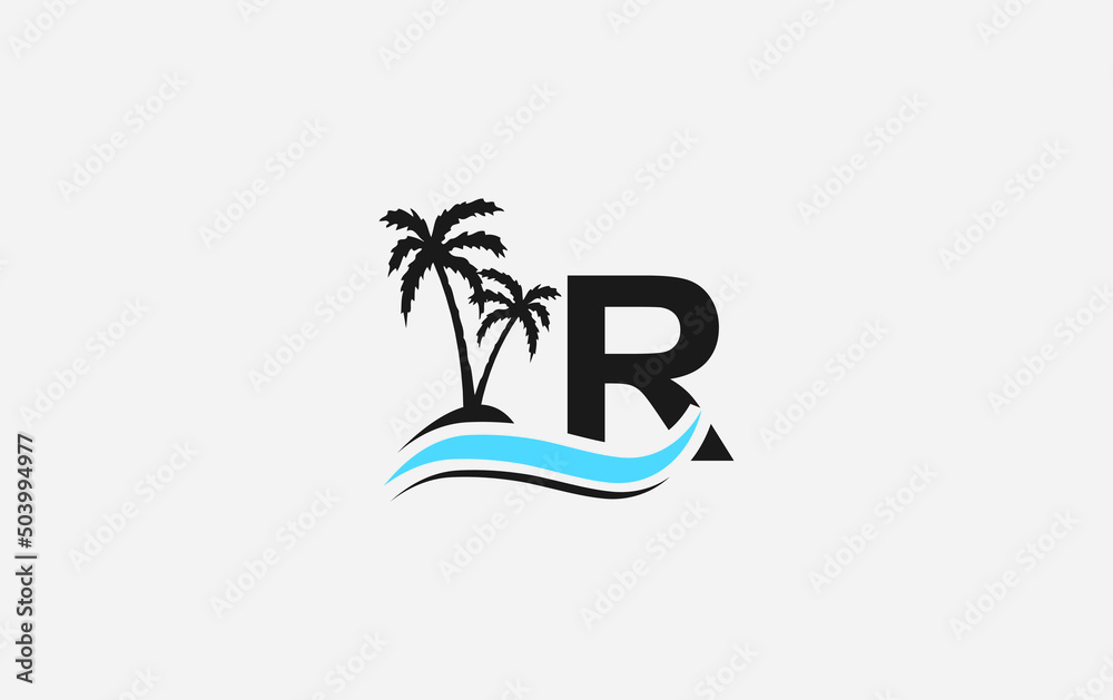 Nature water wave and beach tree vector logo design with the letter and ...