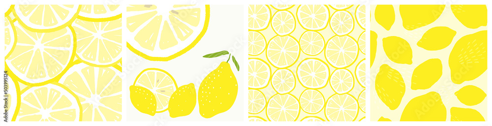 Obraz Simple lemon fruit and slice vector seamless pattern and clipart set. fototapeta, plakat